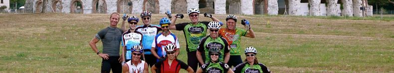 Bikers posing in front of Italian ruins