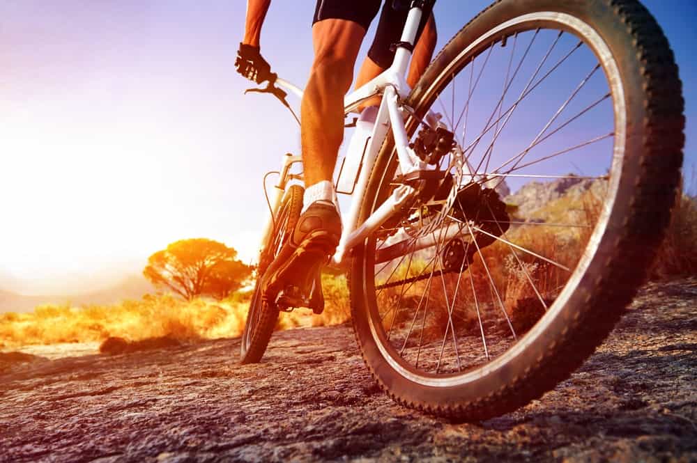 A person enjoying scenic bike tours, riding a mountain bike on a rocky path at sunset, with the sun low in the sky and dry vegetation in the background.
