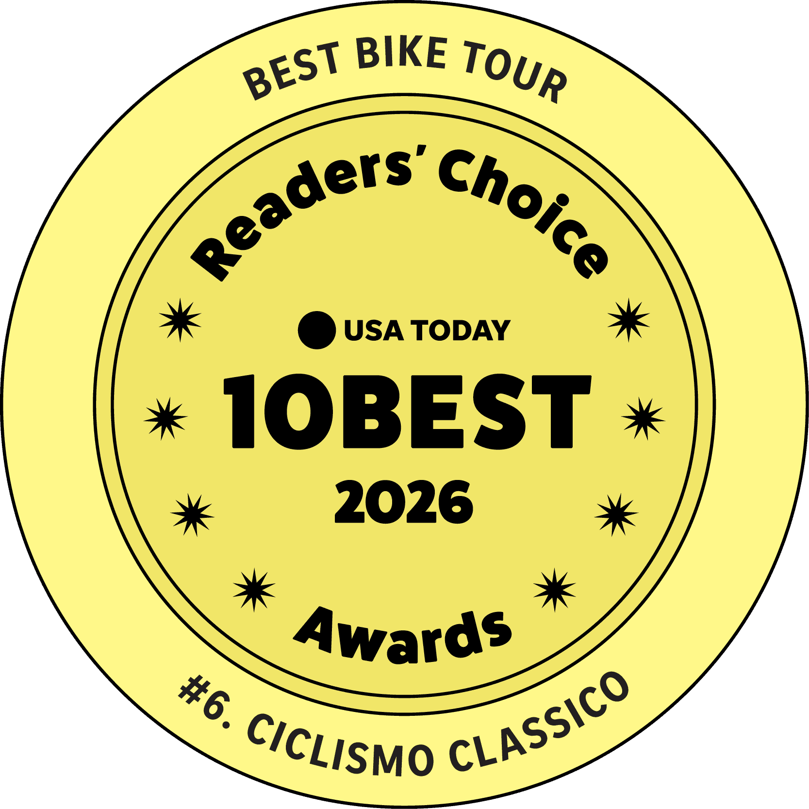 Award badge for best bike tour company in Italy by Ciclismo Classico, highlighting top bike tours in Italy and recognition in 2026.
